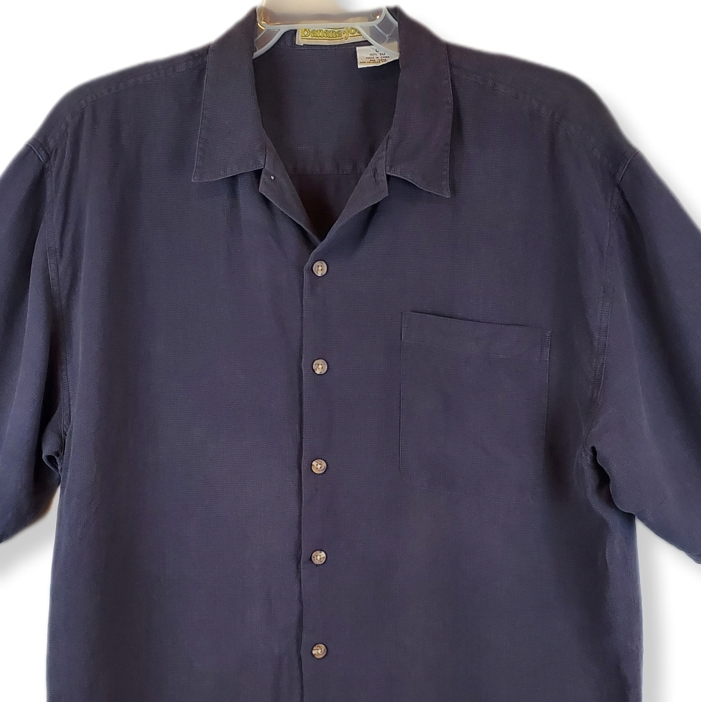 VTG Banana Joe 100% Silk Blue Ripstop Short Sleeve Button Up Shirt Size L Mens